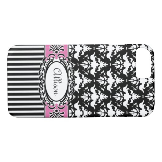 Parisdemoiselle-Damast-Rosa und Schwarzes Case-Mate iPhone Hülle (Rückseite (Horizontal))