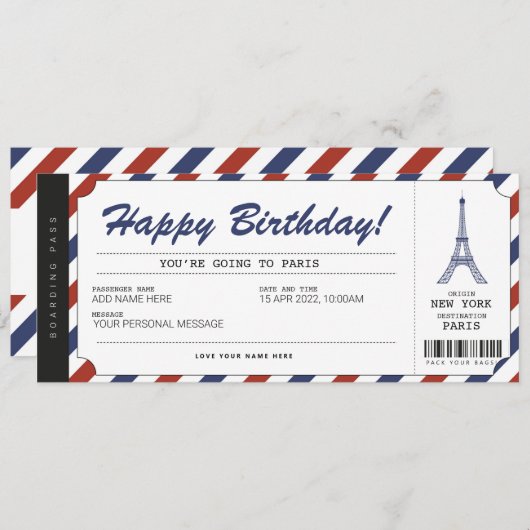 Pariser Ausflug Boarding Pass Ticket Einladung (Vorne/Hinten)
