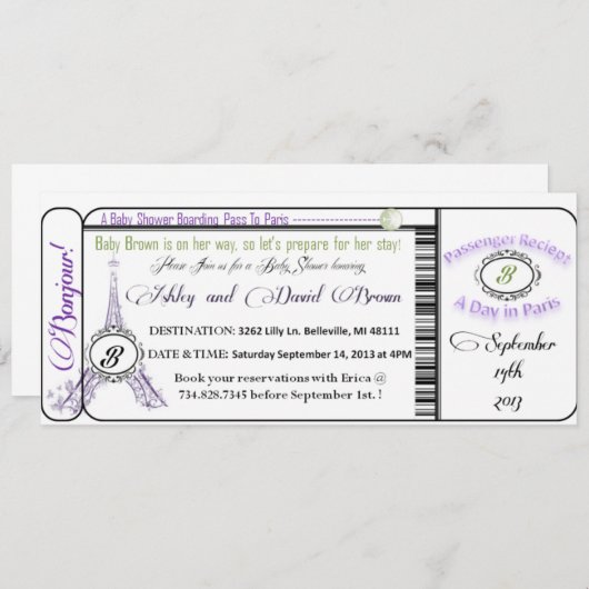 Pariser Babydusche Boarding Einladung (Vorne/Hinten)