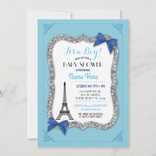 Pariser Babydusche Boy Blue Eiffel Tower Invite Einladung (Vorderseite)