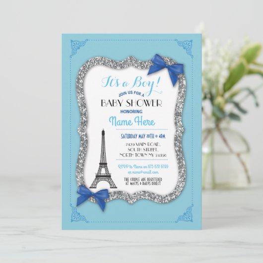 Pariser Babydusche Boy Blue Eiffel Tower Invite Einladung (Stehend Vorderseite)