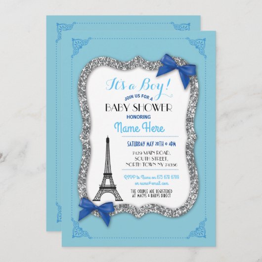 Pariser Babydusche Boy Blue Eiffel Tower Invite Einladung (Vorne/Hinten)
