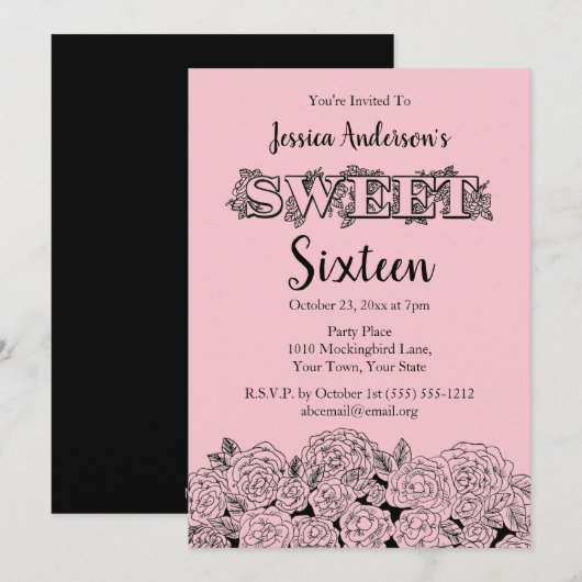 Pariser Boutique Rosa Schwarze Rose 16 . Geburtsta Einladung (Vorne/Hinten)