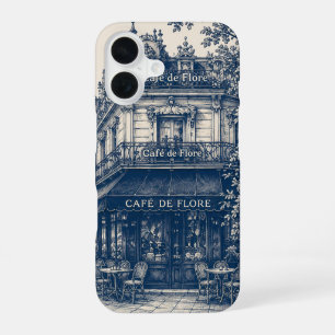 Pariser Café Blau Weiß iPhone 16 Hülle