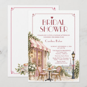 Pariser Café Blush Rosa Schleife Brautparty Einladung
