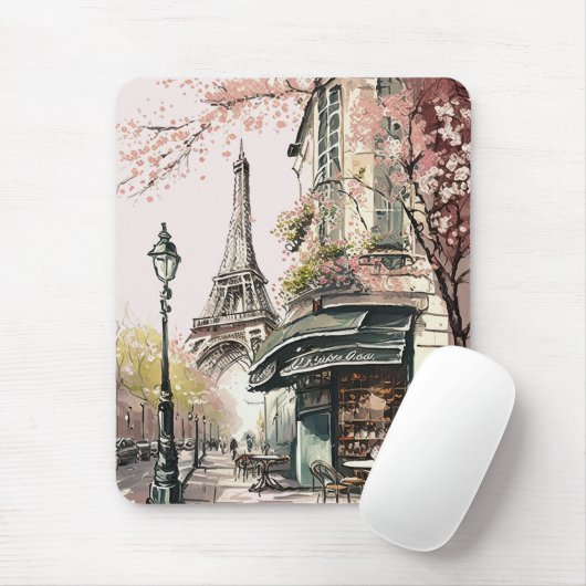 Pariser Café Eiffelturm Rosa Kirschblüten Mousepad (Mit Mouse)