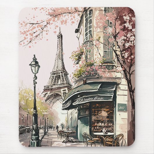 Pariser Café Eiffelturm Rosa Kirschblüten Mousepad (Vorne)