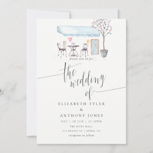 Pariser Café Watercolor Hochzeit Einladung (Vorderseite)