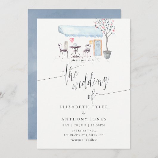 Pariser Café Watercolor Hochzeit Einladung (Vorne/Hinten)