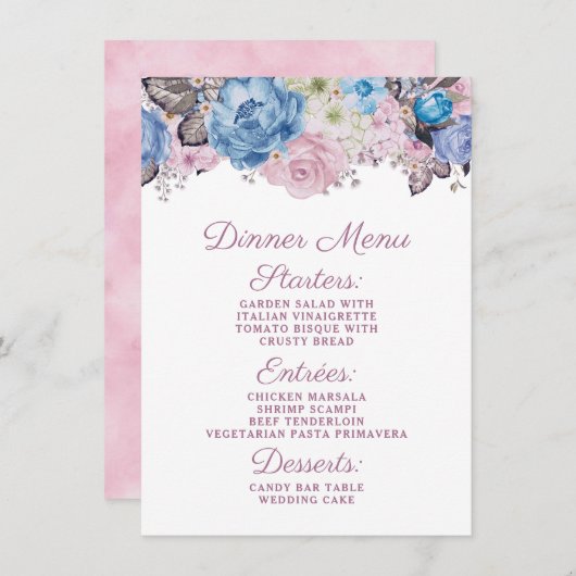 Pariser Charm Blau & Rosa Chormusik Abendessen Menükarte (Vorne/Hinten)