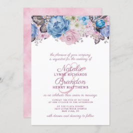 Pariser Charme Blau & Pink Blumenzitz Hochzeit Einladung