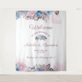 Pariser Charme Blau & Rosa Blumenzelt Begrüßung Wandteppich (Vorderseite)