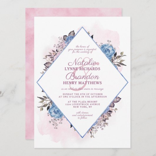 Pariser Charme Blau & Rosa Diamantrahmen Hochzeit Einladung (Vorne/Hinten)