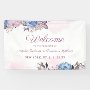 Pariser Charme Blau & Rosa Florale Hochzeitsbegrüß Banner