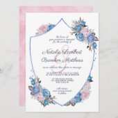 Pariser Charme Blau & Rosa Wappen Hochzeit Einladung (Vorne/Hinten)