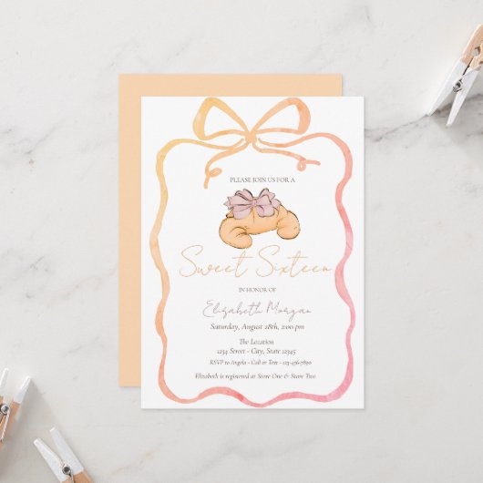 Pariser Croissant Chic Schleife Sweet 16 Einladung (Vorderseite/Rückseite Beispiel)