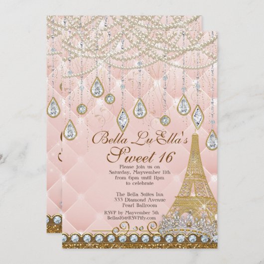 Pariser Diamant und Perlen Einladung zur Geburtsta (Vorne/Hinten)