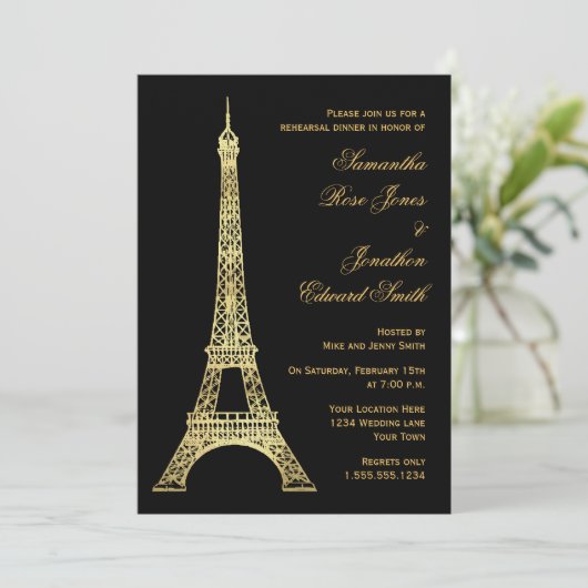 Pariser Eiffel-Turm-Schwarz-GoldProben-Abendessen Einladung (Stehend Vorderseite)