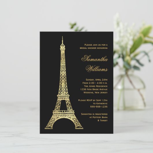 Pariser Eiffelturm Black & Gold Brautparty Einladung (Stehend Vorderseite)