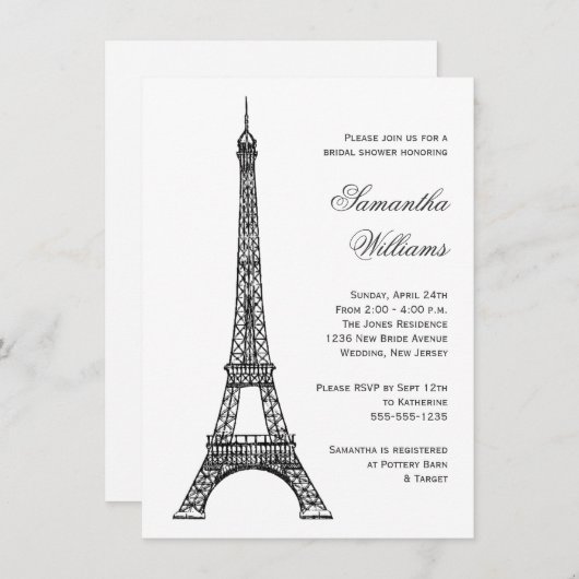 Pariser Eiffelturm Black & White Brautparty Einladung (Vorne/Hinten)