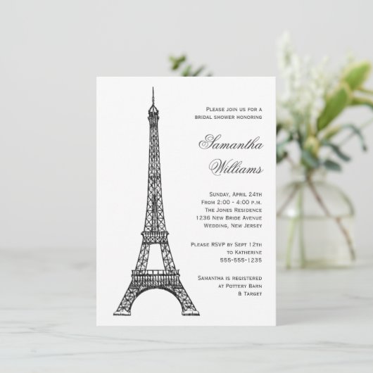 Pariser Eiffelturm Black & White Brautparty Einladung (Stehend Vorderseite)