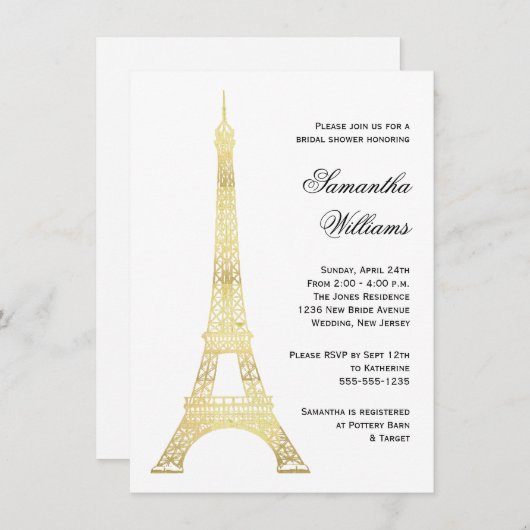 Pariser Eiffelturm Gold Brautparty Einladung (Vorne/Hinten)