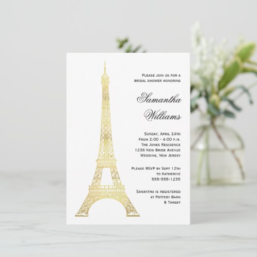 Pariser Eiffelturm Gold Brautparty Einladung (Stehend Vorderseite)