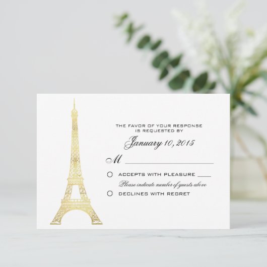 Pariser Eiffelturm Gold Wedding RSVP Custom (Stehend Vorderseite)