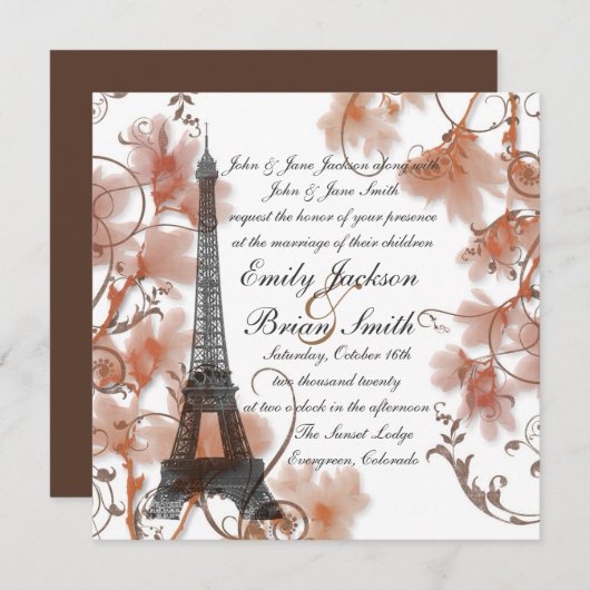 Pariser Eiffelturm romantische Hochzeitsfeier Einladung (Vorne/Hinten)
