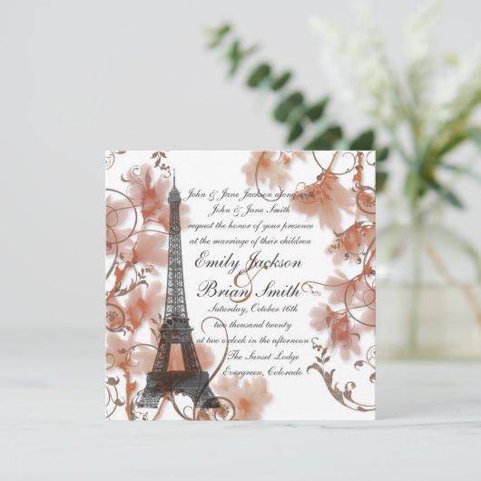 Pariser Eiffelturm romantische Hochzeitsfeier Einladung (Stehend Vorderseite)