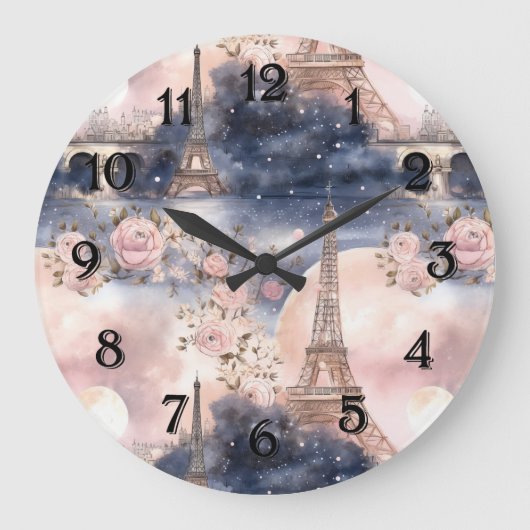 Pariser Eiffelturm Rosa Blau Floral Große Wanduhr (Vorderseite)