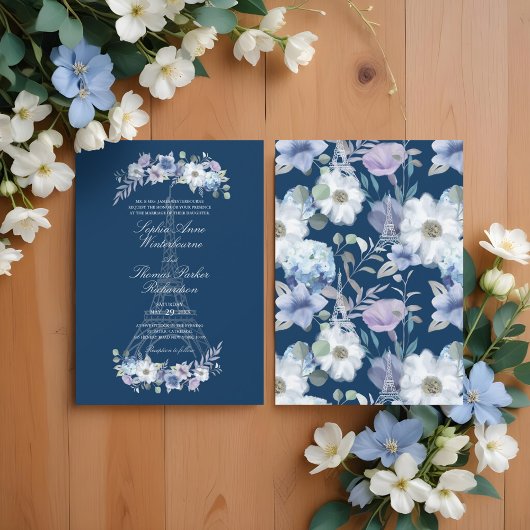 Pariser Eiffelturm Wasserfarbenflorale Hochzeit Einladung