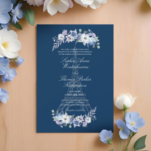 Pariser Eiffelturm Wasserfarbenflorale Hochzeit Einladung