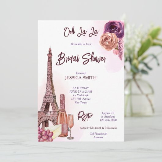 Pariser Eiffelturm Weintrauben Pflaume Brautparty Einladung (Stehend Vorderseite)