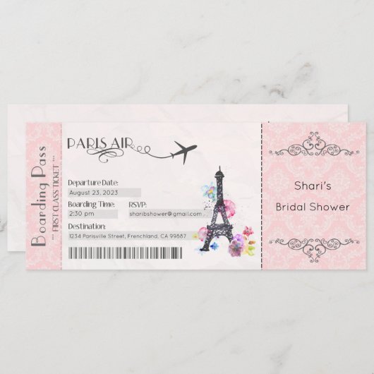 Pariser Einladung, Pariser Brautparty, Babydusche Einladung (Vorne/Hinten)