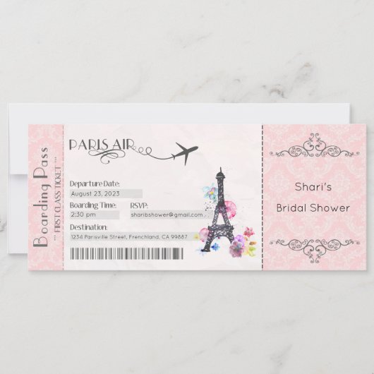 Pariser Einladung, Pariser Brautparty, Babydusche Einladung (Vorderseite)