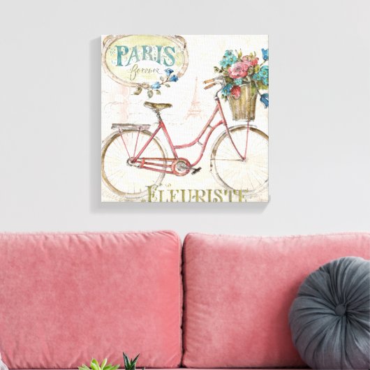 Pariser Fahrrad mit Blume vor Leinwanddruck (Insitu (Wohnzimmer))