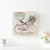 Pariser Fahrrad mit Blume vor Quadratische Wanduhr (Zuhause)