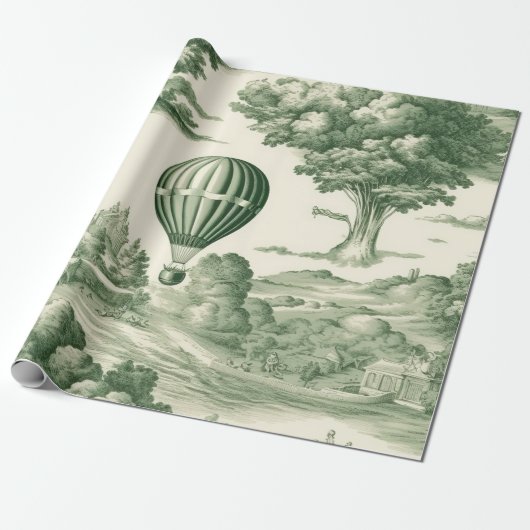 Pariser Grün Toile-Dorf-Ballon-Muster Geschenkpapier (Ungerollt)