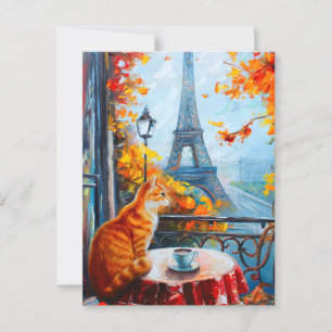 Pariser Herbst   Ingwerkatze in einem Café Postkarte
