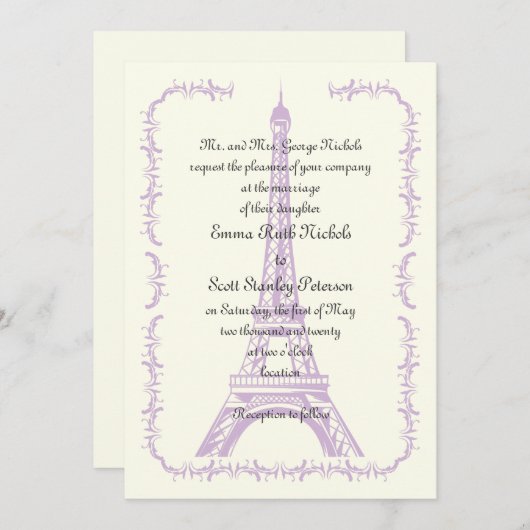 Pariser Hochzeit lila Eiffelturm Einladung (Vorne/Hinten)