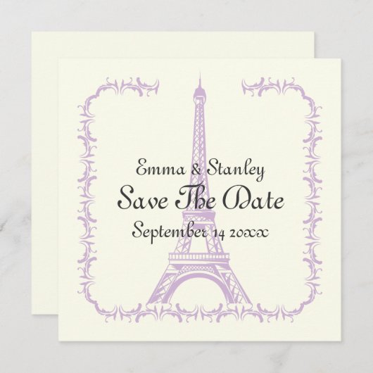 Pariser Hochzeit lila Eiffelturm Save the Date (Vorne/Hinten)