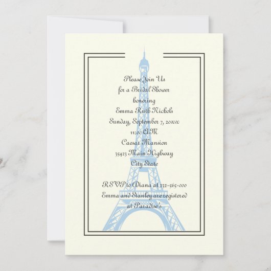 Pariser Hochzeitsfeier, blaues Eiffelturm-Brautpar Einladung (Vorderseite)
