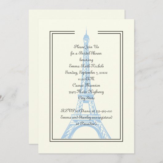 Pariser Hochzeitsfeier, blaues Eiffelturm-Brautpar Einladung (Vorne/Hinten)
