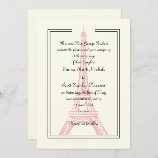 Pariser Hochzeitsfeier Rosa Eiffelturm Einladung (Vorne/Hinten)