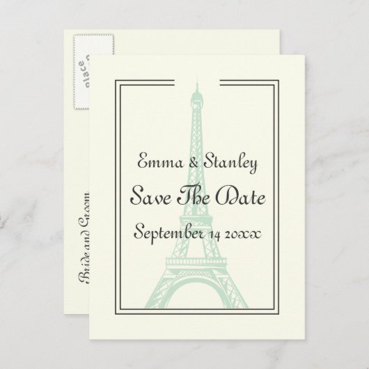 Pariser Hochzeitsminze Eiffelturm Save the Date Ankündigungspostkarte (Vorne/Hinten)