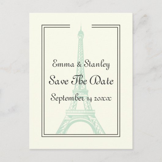 Pariser Hochzeitsminze Eiffelturm Save the Date Ankündigungspostkarte (Vorderseite)
