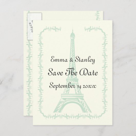 Pariser Hochzeitsminze Eiffelturm Save the Date Ankündigungspostkarte (Vorne/Hinten)