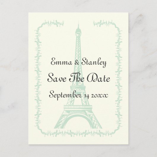 Pariser Hochzeitsminze Eiffelturm Save the Date Ankündigungspostkarte (Vorderseite)