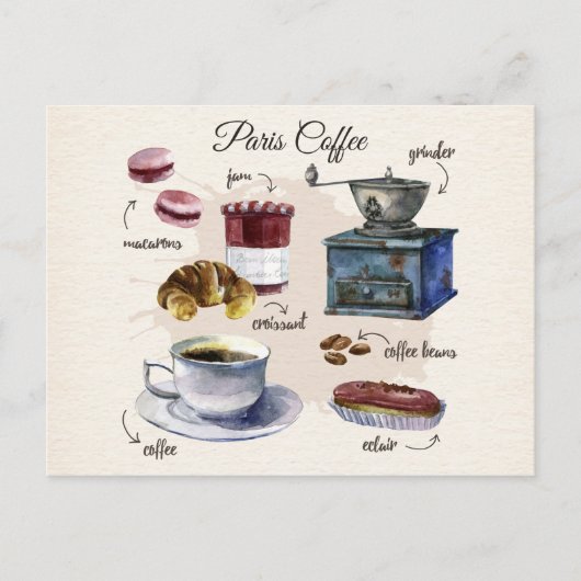 Pariser Kaffee- und Gebäckillustration Postkarte (Vorderseite)